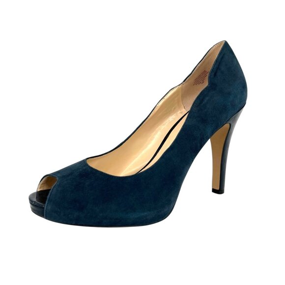 Nine West Portofino Blue Suede Leather Peep Toe 4 Inch Pumps Size 10 - Picture 1 of 16